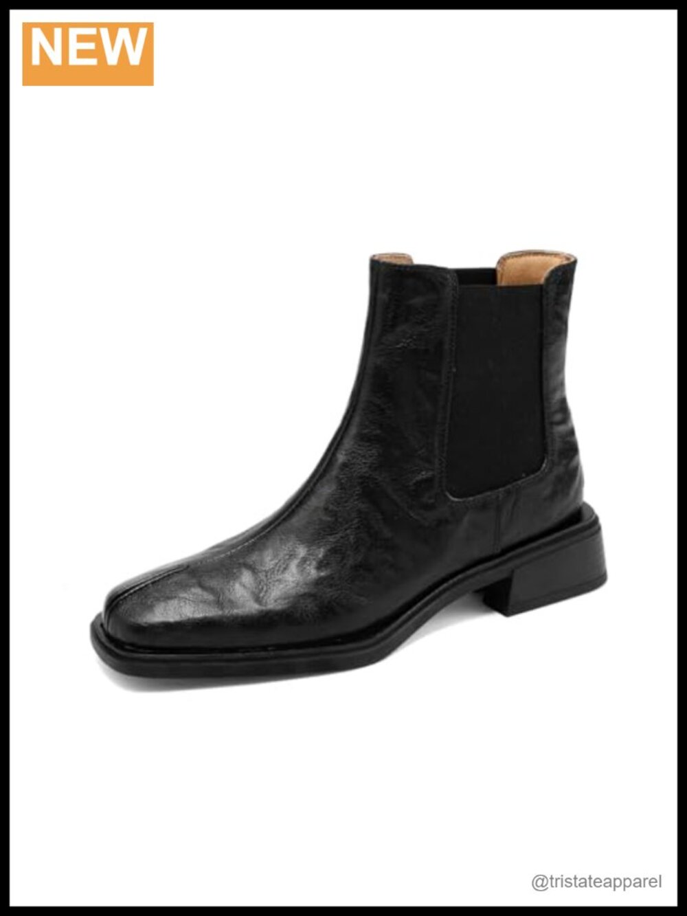Handmade Genuine Leather Square Toe Chunky Heel Chelsea Booties Ankle Boots